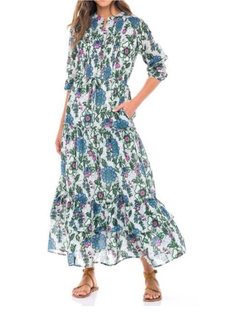 ⁠Banjanan “Freya” Pink and Blue Floral Block Print Tiered Maxi Dress Size Small